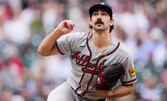 Atlanta Braves starting pitcher Spencer Strider works against the Colorado Rockies in the first inning of a baseball game Sunday, May 3, 2026, in Denver. (AP Photo/David Zalubowski)
