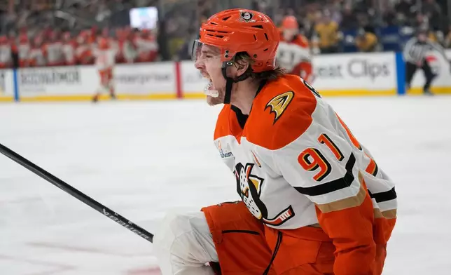 Anaheim Ducks center Leo Carlsson (91) celebrates after scoring against the Vegas Golden Knights during the third period of Game 2 of a second-round NHL hockey Stanley Cup playoff series Wednesday, May 6, 2026, in Las Vegas. (AP Photo/John Locher)