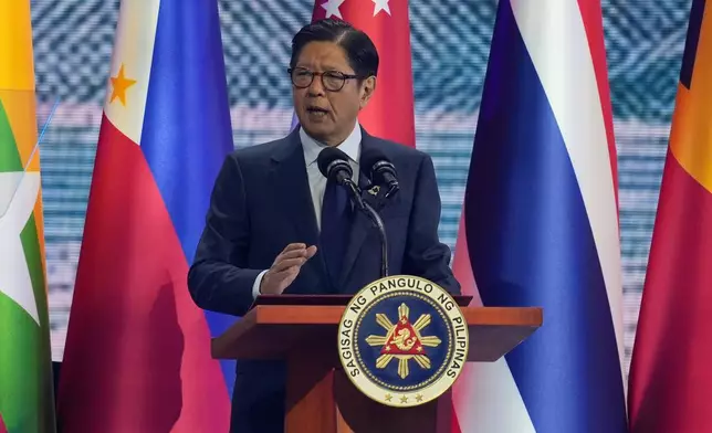 Philippine President Ferdinand Marcos Jr. delivers his remarks during the opening ceremony of the 48th ASEAN Summit and Related Meetings in Cebu, Philippines on Friday, May 8, 2026. (AP Photo/Aaron Favila, Pool)