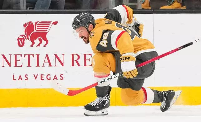 Vegas Golden Knights center Tomas Hertl (48) celebrates his goal against the Anaheim Ducks during the third period of Game 5 of a second-round NHL hockey Stanley Cup playoff series Tuesday, May 12, 2026, in Las Vegas. (AP Photo/Candice Ward)