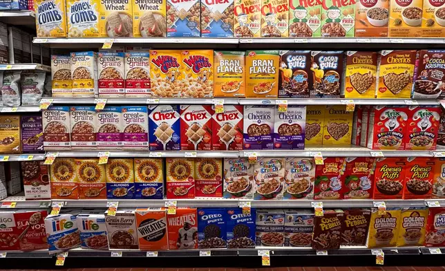 Cereal is displayed for sale at a grocery store Wednesday, April 29, 2026, in Chicago. (AP Photo/Erin Hooley)