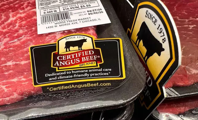 Beef is displayed for sale at a grocery store Wednesday, April 29, 2026, in Chicago. (AP Photo/Erin Hooley)