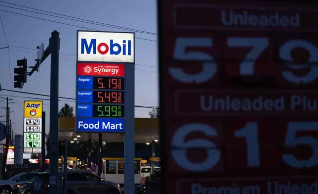 Gasoline prices are displayed at a Mobil gas station on Wednesday, April 29, 2026, in Portland, Ore. (AP Photo/Jenny Kane)