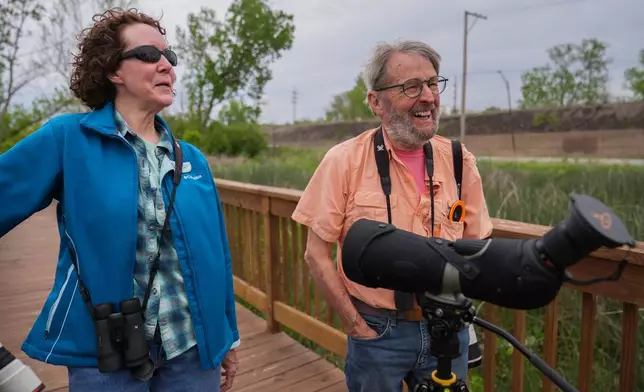 Birders Pat and Steve Pearson visit Park No. 597, where a pair of bald eagles are raising two eaglets, on the south side of Chicago, Tuesday, May 12, 2026. (AP Photo/Erin Hooley)