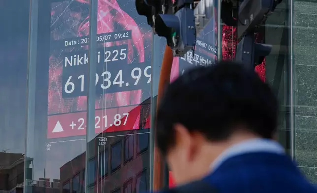 FILE - A person stands in front of an electronic stock board showing Japan's Nikkei index, seen through the glass wall of an office building in Tokyo, May 7, 2026. (AP Photo/Eugene Hoshiko, File)