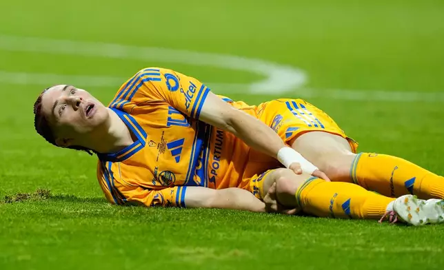 Tigres' Marcelo Flores grabs his knee after being injured during the CONCACAF Champions Cup final soccer match against Toluca in Toluca, Mexico, Saturday, May 30, 2026. (AP Photo/Fernando Llano)