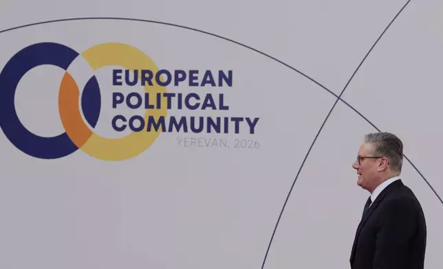 Britain's Prime Minister Keir Starmer arrives for a meeting of the European Political Community in Yerevan, Armenia, Monday, May 4, 2026. (AP Photo/Anthony Pizzoferrato)