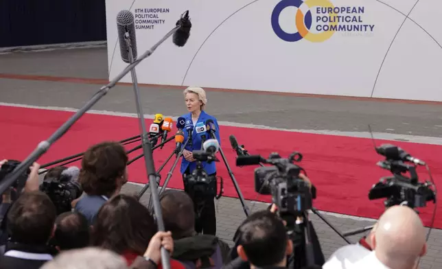 European Commission President Ursula von der Leyen speaks with the media as she arrives for a meeting of the European Political Community in Yerevan, Armenia, Monday, May 4, 2026. (AP Photo/Anthony Pizzoferrato)