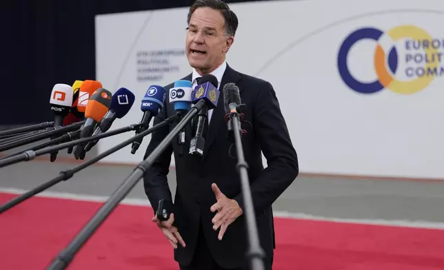 NATO Secretary General Mark Rutte speaks with the media as he arrives for a meeting of the European Political Community in Yerevan, Armenia, Monday, May 4, 2026. (AP Photo/Anthony Pizzoferrato)