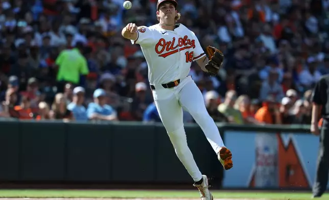 Baltimore Orioles third baseman Coby Mayo throws to first base for an out on a ball hit by Toronto Blue Jays' Ernie Clement during the second inning of a baseball game, Saturday, May 30, 2026, in Washington. (AP Photo/Terrance Williams)
