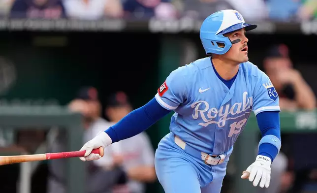 Kansas City Royals' Michael Massey watches his three-run home run during the fourth inning of a baseball game against the Detroit Tigers, Saturday, May 9, 2026, in Kansas City, Mo. (AP Photo/Charlie Riedel)