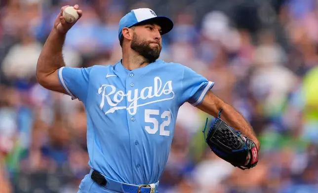 Kansas City Royals starting pitcher Michael Wacha throws during the first inning of a baseball game against the Kansas City Royals, Saturday, May 9, 2026, in Kansas City, Mo. (AP Photo/Charlie Riedel)