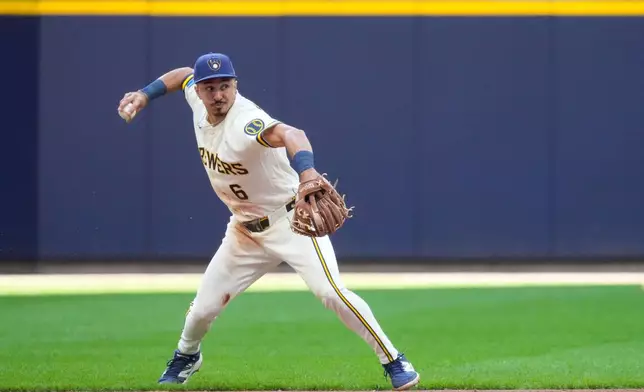 Milwaukee Brewers shortstop David Hamilton throws out St. Louis Cardinals' Masyn Winn during the sixth inning of a baseball game Wednesday, May 27, 2026, in Milwaukee. (AP Photo/Kayla Wolf)