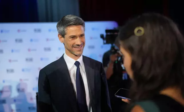 Matt Mahan speaks with members of the media following a California gubernatorial debate hosted by CBS LA at Pomona College in Claremont, Calif., Tuesday, April 28, 2026. (AP Photo/Jae C. Hong)