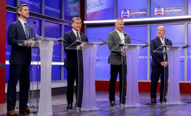 Candidates in California's gubernatorial race, from left, Matt Mahan, Xavier Becerra, Chad Bianco, and Steve Hilton look on during a gubernatorial debate hosted by Nexstar Wednesday, April 22, 2026, in San Francisco. (Jason Henry/Pool Photo via AP)