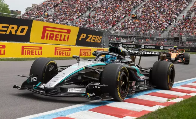 Mercedes' George Russell, of Britain, drives during the sprint race at the F1 Canadian Grand Prix auto race in Montreal, Saturday, May 23, 2026. (Peter McCabe/The Canadian Press via AP)