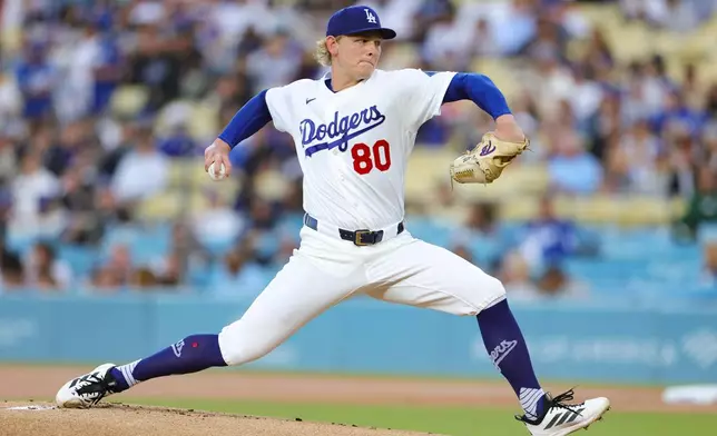 Los Angeles Dodgers starting pitcher Emmet Sheehan throws during the first inning of a baseball game against the San Francisco Giants, Thursday, May 14, 2026, in Los Angeles. (AP Photo/Ryan Sun)