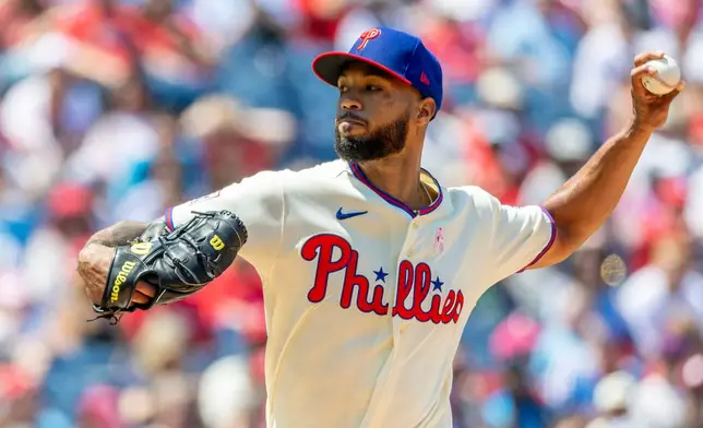 Philadelphia Phillies starting pitcher Cristopher Sánchez throws during the first inning of a baseball game against the Colorado Rockies, Sunday, May 10, 2026, in Philadelphia. (AP Photo/Laurence Kesterson)