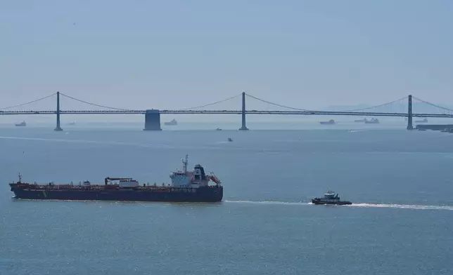 Tankers are visible throughout the San Francisco Bay, Tuesday, May 19, 2026. (AP Photo/Annika Hammerschlag)