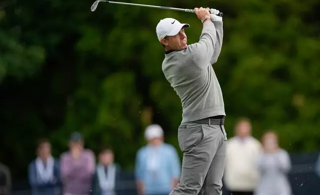 Rory McIlroy, of Northern Ireland, hits from the 13th fairway during the second round of the PGA Championship golf tournament at Aronimink Golf Club, Friday, May 15, 2026, in Newtown Square, PA. (AP Photo/Carolyn Kaster)