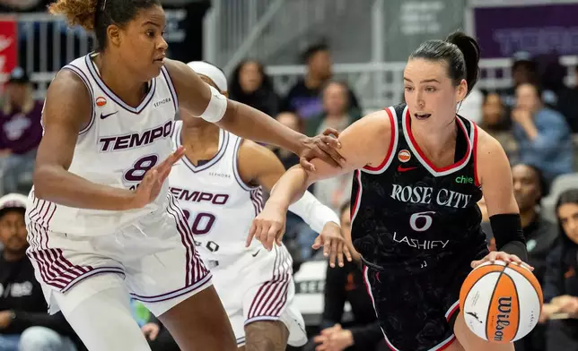 Portland Fire guard Bridget Carleton (6) drives against Toronto Tempo forward Nyara Sabally (8) during the first half of a WNBA basketball game in Toronto, Saturday May 23, 2026. (Frank Gunn/The Canadian Press via AP)
