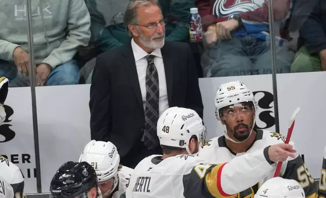 Vegas Golden Knights head coach John Tortorella looks on during the first period in Game 1 of the Western Conference finals NHL hockey Stanley Cup playoff series against the Colorado Avalanche Wednesday, May 20, 2026, in Denver. (AP Photo/David Zalubowski)