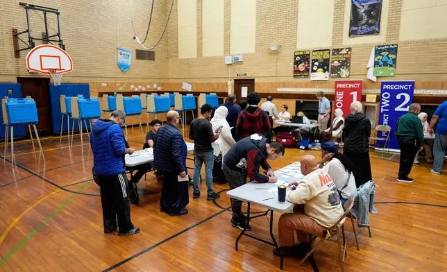 FILE - Voters wait to receive their ballots at a polling place at McDonald Elementary School, Nov. 5, 2024, in Dearborn, Mich. (AP Photo/Charlie Neibergall, File)