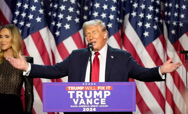 FILE - Republican presidential nominee former President Donald Trump speaks at an election night watch party, Nov. 6, 2024, in West Palm Beach, Fla. (AP Photo/Alex Brandon, File)