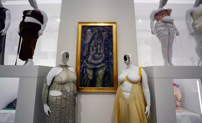 Designs in the "Corpulent Body" section are displayed at the Metropolitan Museum of Art's Costume Institute exhibition, "Costume Art," on Saturday, May 2, 2026, in New York. (Photo by Charles Sykes/Invision/AP)