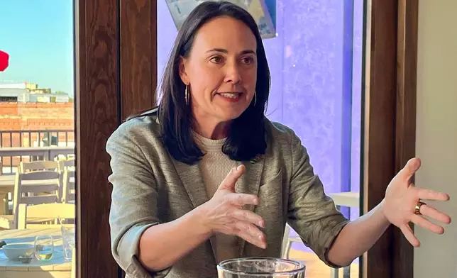 Political activist Denise Powell speaks at a fundraising event Thursday, April 16, 2026, in Omaha, Neb. (AP Photo/Margery A. Beck)