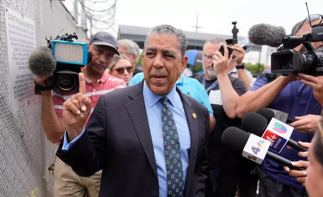 Rep. Adriano Espaillat, D-N.Y., speaks to reporters outside the Delaney Hall detention center, Wednesday, May 27, 2026, in Newark, N.J. (AP Photo/Seth Wenig)