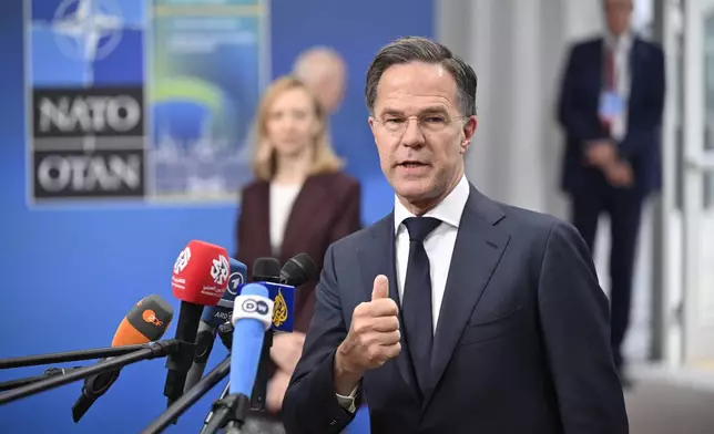 NATO Secretary General Mark Rutte speaks to media at the NATO Foreign Ministers' meeting in Helsingborg, Sweden, Friday, May 22, 2026. (Johan Nilsson/TT News Agency via AP)
