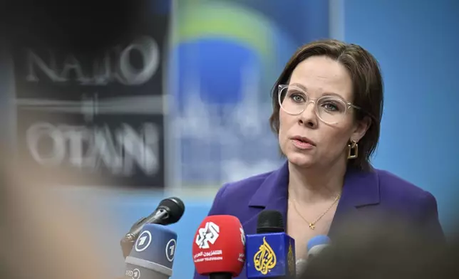 Swedish Foreign Minister Maria Malmer Stenergard speaks to media at the NATO Foreign Ministers' meeting in Helsingborg, Sweden, Friday, May 22, 2026. (Johan Nilsson/TT News Agency via AP)