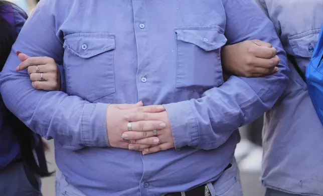 Workers join arms during a May Day demonstration in Buenos Aires, Argentina, Thursday, April 30, 2026. (AP Photo/Rodrigo Abd)