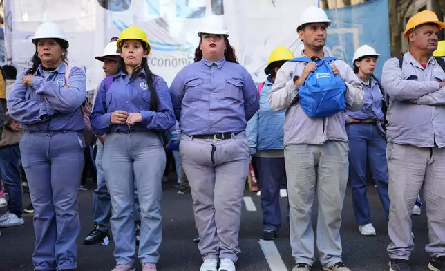 Laborers protest during a May Day demonstration in Buenos Aires, Argentina, Thursday, April 30, 2026. (AP Photo/Rodrigo Abd)