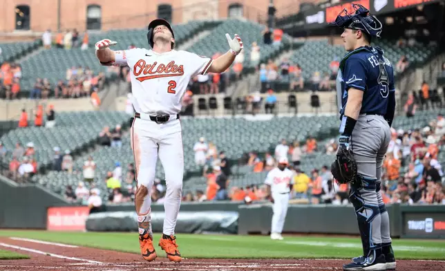 Baltimore Orioles' Gunnar Henderson (2) celebrates his two-run home run in front of Tampa Bay Rays catcher Hunter Feduccia (9) during the first inning of a baseball game, Wednesday, May 27, 2026, in Baltimore. (AP Photo/Nick Wass)