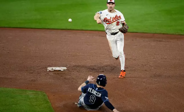 Tampa Bay Rays' Hunter Feduccia (9) is out at second as Baltimore Orioles shortstop Gunnar Henderson (2) throws to first base to put out Rays' Chandler Simpson for a double-play during the fifth inning of a baseball game, Wednesday, May 27, 2026, in Baltimore. (AP Photo/Nick Wass)