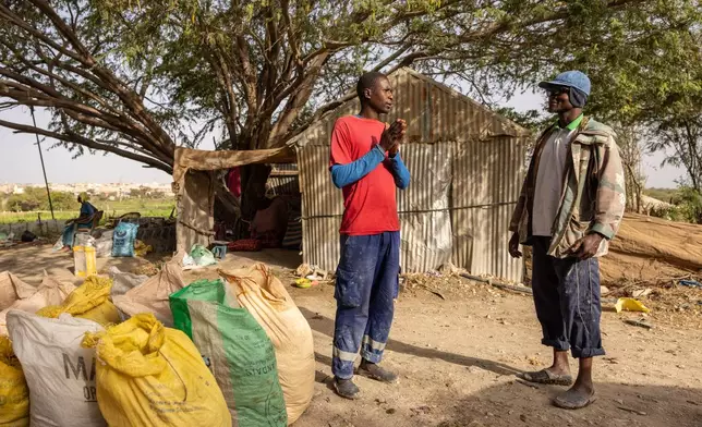 Abou Sow, left, and Farah Jammeh are both exploring local, organic alternatives to chemical fertilizers in Rufisque, Senegal, Tuesday, May 12, 2026. (AP Photo/Caitlin Kelly)