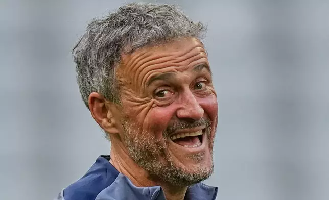 PSG's head coach Luis Enrique attends a training session in Munich, Germany, Tuesday, May 5, 2026, ahead of the Champions League semifinal second leg soccer match between FC Bayern and PSG. (AP Photo/Matthias Schrader)