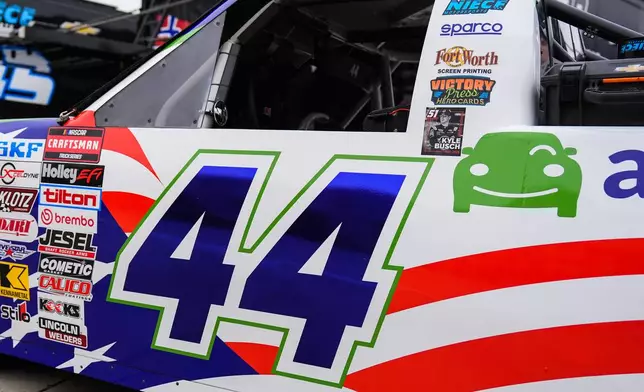 A decal is displayed on the on the truck of Andres Perez De Lara in honor of the late driver Kyle Busch, Friday, May 22, 2026, in Charlotte, N.C. (AP Photo/Matt Kelley)