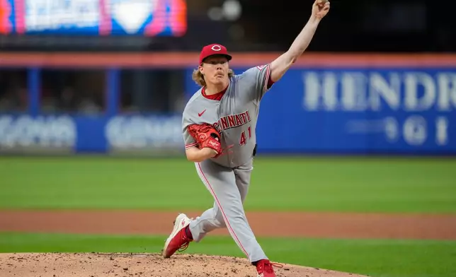 Cincinnati Reds pitcher Andrew Abbott (41) throws during the second inning of a baseball game against the New York Mets, Wednesday, May 27, 2026, in New York. (AP Photo/Yuki Iwamura)