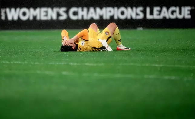 South Korea's Suwon FC Women goalkeeper Kim Kyeong-hee reacts following her team's loss in the AFC Women's Champions League semifinal against North Korea's Naegohyang Women's FC in Suwon, South Korea, Wednesday, May 20, 2026. (AP Photo/Lee Jin-man)