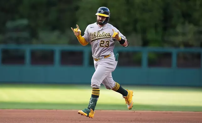 Athletics' Shea Langeliers runs the basses after hitting a two-run home run off of Philadelphia Phillies pitcher Andrew Painter during the first inning of a baseball game, Thursday, May 7, 2026, in Philadelphia. (AP Photo/Matt Rourke)