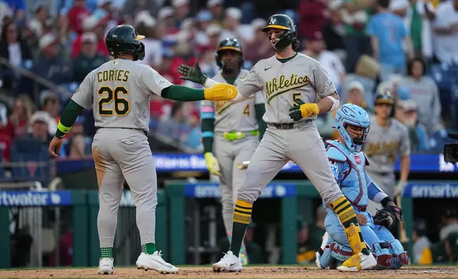Athletics' Jacob Wilson, right, celebrates his two-run home run off of Philadelphia Phillies pitcher Andrew Painter with Carlos Cortes (26) during the third inning of a baseball game, Thursday, May 7, 2026, in Philadelphia. (AP Photo/Matt Rourke)