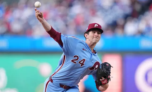 Philadelphia Phillies' Andrew Painter throws during the first inning of a baseball game against the Athletics, Thursday, May 7, 2026, in Philadelphia. (AP Photo/Matt Rourke)