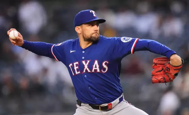 Texas Rangers' Nathan Eovaldi pitches during the first inning of a baseball game against the New York Yankees, Wednesday, May 6, 2026, in New York. (AP Photo/Frank Franklin II)