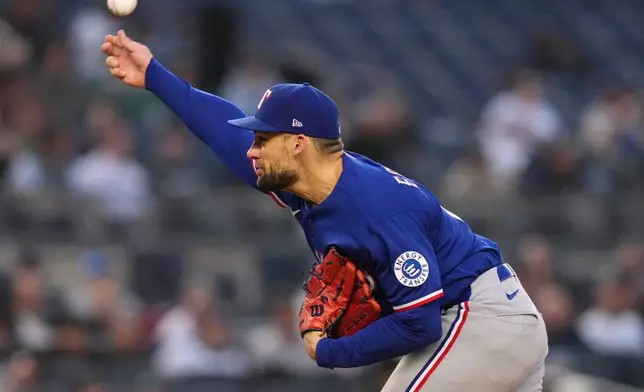Texas Rangers' Nathan Eovaldi pitches during the second inning of a baseball game against the New York Yankees, Wednesday, May 6, 2026, in New York. (AP Photo/Frank Franklin II)