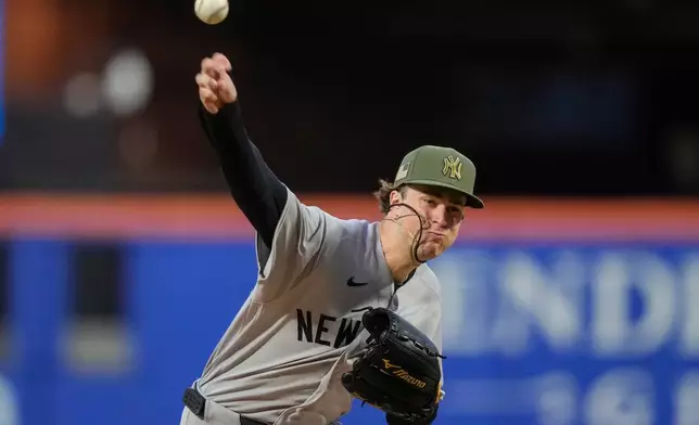 New York Yankees starting pitcher Cam Schlittler throws during the second inning of a baseball game against the New York Mets, Friday, May 15, 2026, in New York. (AP Photo/Yuki Iwamura)