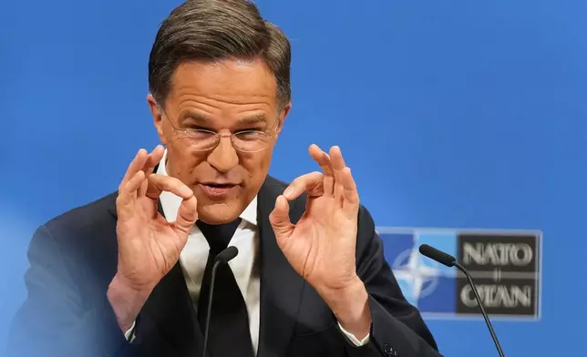 NATO Secretary General Mark Rutte speaks during a media conference at NATO headquarters in Brussels, Wednesday, May 20, 2026. (AP Photo/Virginia Mayo)