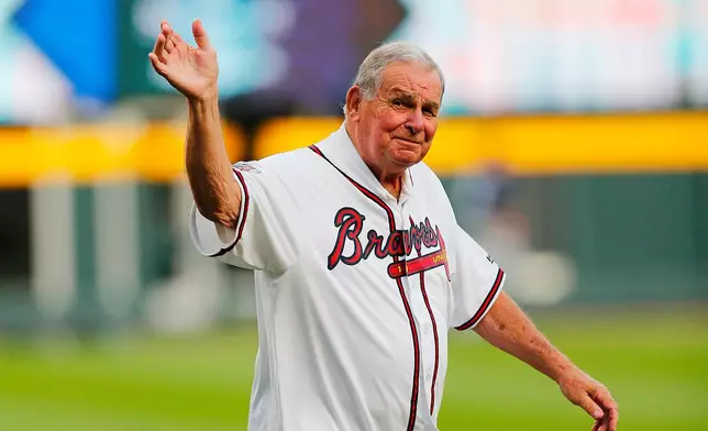 FILE - Former Atlanta Braves manager Bobby Cox is honored during a ceremony before a baseball game between the Braves and the San Diego Padres in Atlanta, April 14, 2017. (AP Photo/John Bazemore, File)
